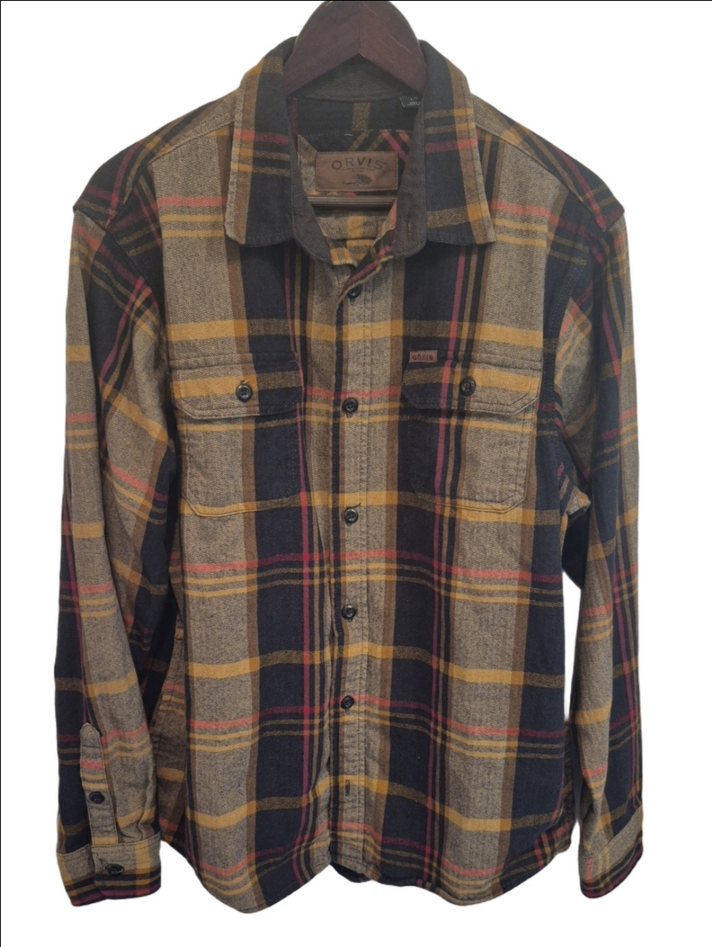 Orvis Flannel Cotton Plaid Button-Down Shirt Jacket in Navy, Mustard & Red In L